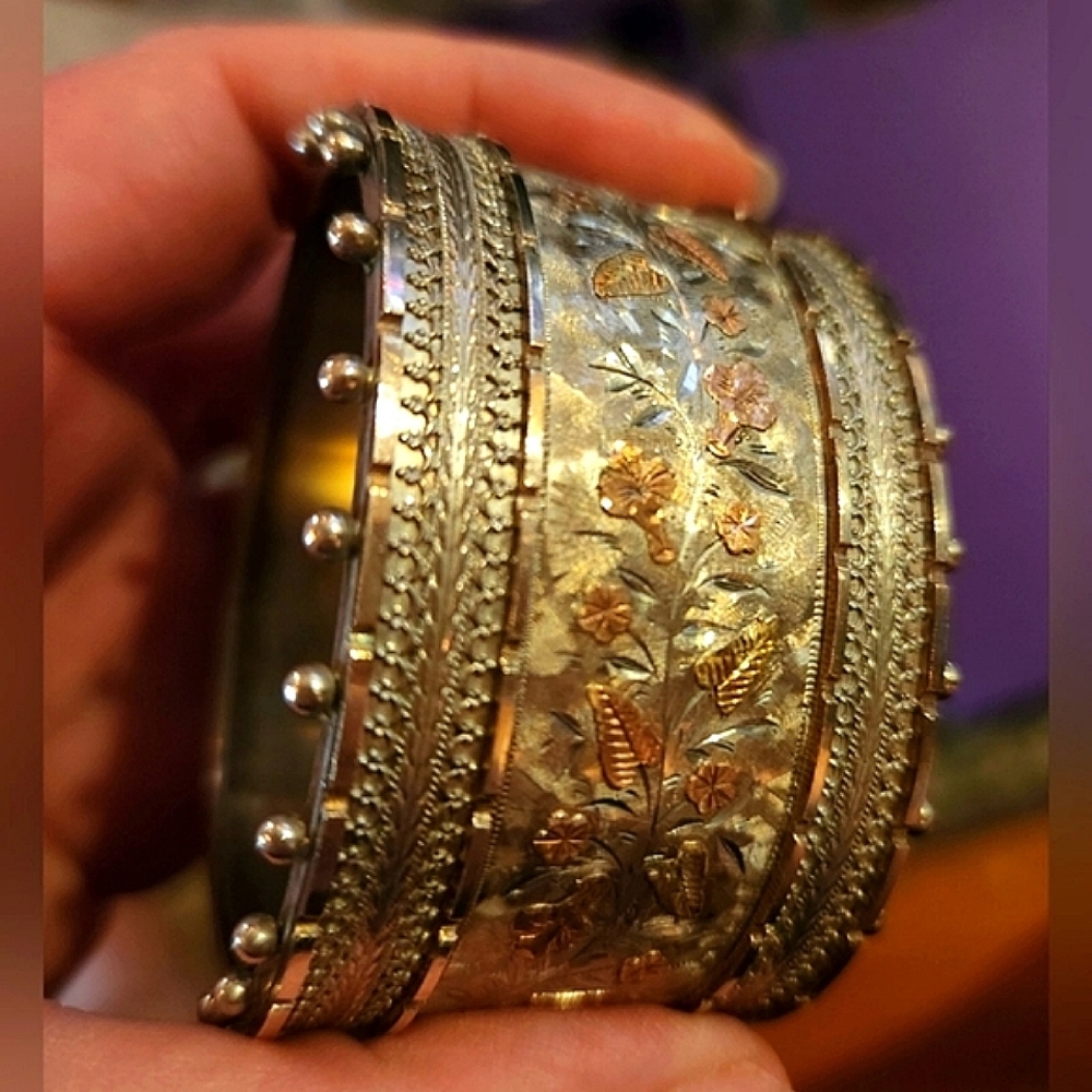 Gorgeous Wide Sterling and Gold Antique Bracelet